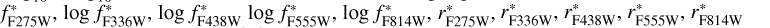 $\[\log~ f_{\mathrm{F} 275 \mathrm{~W}}^{*}, ~\log~ f_{\mathrm{F} 336 \mathrm{~W}}^{*}, ~\log~ f_{\mathrm{F} 438 \mathrm{~W}}^{*} ~\log~ f_{\mathrm{F} 555 \mathrm{~W}}^{*}, ~\log~ f_{\mathrm{F} 814 \mathrm{~W}}^{*}, r_{\mathrm{F} 275 \mathrm{~W}}^{*}, r_{\mathrm{F336W}}^{*}, r_{\mathrm{F438W}}^{*}, r_{\mathrm{F555W}}^{*}, r_{\mathrm{F814W}}^{*}\]$