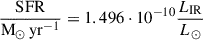 Mathematical equation: $$ \begin{aligned} \dfrac{\mathrm{SFR}}{\mathrm{M_\odot \,yr^{-1}}} = 1.496 \cdot 10^{-10} \dfrac{L_{\rm IR}}{L_\odot } \end{aligned} $$