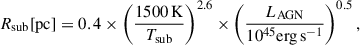 Mathematical equation: $$ \begin{aligned} R_\mathrm{sub} [\mathrm{pc} ] = 0.4\times \left(\frac{1500\,\mathrm{K} }{T_\mathrm{sub} }\right)^{2.6}\times \left( \frac{L_\mathrm{AGN} }{10^{45}\mathrm {erg\,s}^{-1} } \right)^{0.5}, \end{aligned} $$