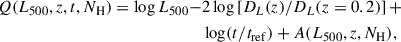 $$ \begin{aligned} Q(L_{500},z,t,N_{\rm H}) = \log L_{500} -&2 \log \left[ D_L(z)/D_L(z = 0.2) \right] + \nonumber \\&\log (t / t_{\rm ref}) + A(L_{500}, z, N_{\rm H}), \end{aligned} $$