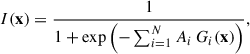 $$ \begin{aligned} I(\mathbf x ) = \frac{1}{ 1 + \exp \left( - \sum _{i = 1}^{N} A_i \, G_i(\mathbf x ) \right) }, \end{aligned} $$