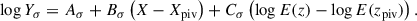 $$ \begin{aligned} \log Y_\sigma = A_\sigma + B_\sigma \left( X - X_{\rm piv} \right) + C_\sigma \left( \log E(z) - \log E(z_{\rm piv}) \right). \end{aligned} $$