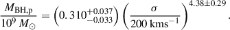 $$ \begin{aligned} \frac{M_{\rm BH,p}}{10^9 \,M_\odot } = \left(0.310^{+0.037}_{-0.033}\right)\left(\frac{\sigma }{200\,\mathrm{km s} ^{-1}}\right)^{4.38\pm 0.29}. \end{aligned} $$