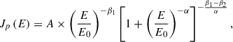 $$ \begin{aligned} J_p\left(E\right) = A\times \left(\frac{E}{E_0}\right)^{-\beta _1}\left[1+\left(\frac{E}{E_0}\right)^{-\alpha }\right]^{-\frac{\beta _1-\beta _2}{\alpha }}, \end{aligned} $$