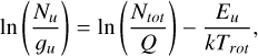 Mathematical equation: \text{ln} \left(\frac{N_{u}}{g_{u}} \right)=\text{ln} \left( \frac{N_{tot}}{Q} \right)-\frac{E_{u}}{kT_{rot}},