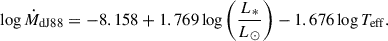 $$ \begin{aligned} \log \dot{M}_{\rm dJ88} = -8.158+1.769\log \left(\frac{L_*}{L_\odot }\right)-1.676\log T_{\rm eff}. \end{aligned} $$