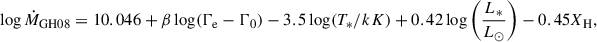 $$ \begin{aligned} \log \dot{M}_{\rm GH08} = 10.046+\beta \log (\Gamma _{\rm e}-\Gamma _0)-3.5\log (T_*/kK)+0.42\log \left(\frac{L_*}{L_\odot }\right)-0.45 X_{\rm H}, \end{aligned} $$