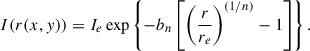 $$ \begin{aligned} I(r(x, y))=I_e \exp \left\{ -b_n\left[\left(\frac{r}{r_e}\right)^{(1 / n)}-1\right]\right\} . \end{aligned} $$