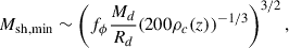 $$ \begin{aligned} M_{\rm sh,min} \sim \left(f_\phi \frac{M_d}{R_d} (200 \rho _c(z))^{-1/3}\right)^{3/2}, \end{aligned} $$