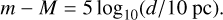 Mathematical equation: $\[m-M=5 ~\log _{10}(d / 10 ~\mathrm{pc}).\]$