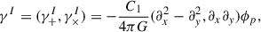 $$ \begin{aligned} \gamma ^I = (\gamma _+^I,\gamma _\times ^I) = - \frac{C_1}{4\pi G}(\partial _x^2-\partial _y^2,\partial _x\partial _y)\phi _p , \end{aligned} $$