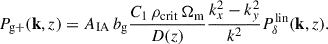 $$ \begin{aligned} P_\mathrm{g+} (\mathbf k ,z) = A_{\mathrm{IA} }\,b_\mathrm{g} \frac{C_1\,\rho _{\mathrm{crit} }\,\Omega _\mathrm{m} }{D(z)}\frac{k_x^2-k_y^2}{k^2}P_\delta ^{\mathrm{lin} }(\mathbf k ,z). \end{aligned} $$