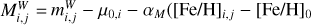 $M_{i, j}^{W}= m_{i, j}^{W}-\mu_{0, i}-\alpha_{M}\left([\mathrm{Fe} / \mathrm{H}]_{i, j}-[\mathrm{Fe} / \mathrm{H}]_{0}\right)$