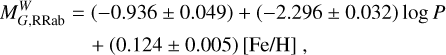 $\begin{align*} M_{G, \mathrm{RRab}}^{W}= & (-0.936 \pm 0.049)+(-2.296 \pm 0.032) \log P \\ & +(0.124 \pm 0.005)[\mathrm{Fe} / \mathrm{H}], \end{align*}$
