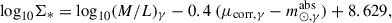 $$ \begin{aligned} \mathrm{log}_{\mathrm{10}} \Sigma _{*} = \mathrm{log}_{\mathrm{10}} (M/L)_{\gamma } - 0.4\ (\mu _{\mathrm{corr},\gamma }- m_{\odot ,\gamma }^{\mathrm{abs}}) + 8.629, \end{aligned} $$