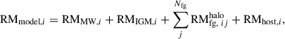 $$ \begin{aligned} \mathrm{RM}_{\mathrm{model},i} = \mathrm{RM}_{\mathrm{MW},i} + \mathrm{RM}_{\mathrm{IGM},i} + \sum _{j}^{N_{\rm fg}} \mathrm{RM}_{\mathrm{fg},\ ij}^\mathrm{halo} + \mathrm{RM}_{\mathrm{host},i}, \end{aligned} $$