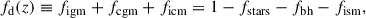 $$ \begin{aligned} f_{\rm d}(z) \equiv f_{\rm igm} + f_{\rm cgm} + f_{\rm icm} = 1 - f_{\rm stars} - f_{\rm bh} - f_{\rm ism}, \end{aligned} $$