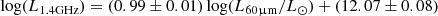 $$ \begin{aligned} \log (L_{1.4\mathrm {GHz}}) = (0.99\pm 0.01) \log (L_{60\upmu \mathrm {m}}/L_\odot )+(12.07\pm 0.08) \end{aligned} $$