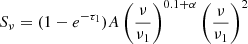$$ \begin{aligned} S_{\nu } = (1 - e^{-\tau _1}) A \left( \frac{\nu }{\nu _1} \right)^{0.1 + \alpha } \left( \frac{\nu }{\nu _1} \right)^2 \end{aligned} $$