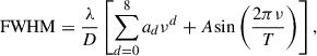 $$ \begin{aligned} \mathrm{FWHM} = \frac{\lambda }{D} \left[\sum _{d = 0}^{8} a_d \nu ^d + A \mathrm{sin} \left(\frac{2 \pi \nu }{T}\right)\right], \end{aligned} $$