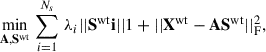 $$ \begin{aligned} \underset{{\mathbf{A },\mathbf{S }^\mathrm{wt}}}{\mathrm{min}} \, \sum _{i = 1}^{N_s} \, \lambda _i ||{\mathbf{S }^\mathrm{wt}\mathbf i }||{1} + ||{\mathbf{X }^\mathrm{wt}} - \mathbf A {\mathbf{S }^\mathrm{wt}} ||^2_{\rm F}, \end{aligned} $$