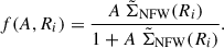 $$ \begin{aligned} f(A,R_i) = \frac{A\ \tilde{\Sigma }_{\mathrm{NFW} }(R_i)}{1+A\ \tilde{\Sigma }_{\mathrm{NFW} }(R_i)}. \end{aligned} $$