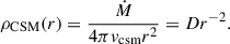 $$ \begin{aligned} \rho _{\rm CSM}(r)&=\frac{\dot{M}}{4\pi v_{\rm csm} r^2} = D r^{-2}. \end{aligned} $$