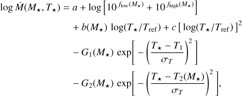 \begin{split} \log \dot{M}(M_\star,T_\star) &= a + \log \Big[ 10^{\,f_\mathrm{low}(M_\star)} + 10^{\,f_\mathrm{high}(M_\star)} \Big] \\[1pt] &\quad + b(M_\star)\,\log \!\left(T_\star/T_\mathrm{ref}\right) + c\,\big[\log \!\left(T_\star/T_\mathrm{ref}\right)\big]^2 \\[1pt] &\quad - G_1(M_\star) \, \exp\!\Bigg[ - \left(\dfrac{T_\star - T_1}{\sigma_T}\right)^2 \Bigg] \\ &\quad - G_2(M_\star) \, \exp\!\Bigg[ -\left(\dfrac{T_\star - T_2(M_\star)}{\sigma_T}\right)^2 \Bigg], \label{eq: mdot_fit} \end{split}