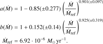 \begin{split} a(\dot{M}) &= 1 -0.85(\pm 0.277)\;\Bigg(\dfrac{\dot{M}}{\dot{M}_\mathrm{ref}}\Bigg)^{0.901(\pm0.097)} \\ b(\dot{M}) &= 1 + 0.152(\pm0.14)\;\Bigg(\dfrac{\dot{M}}{\dot{M}_\mathrm{ref}}\Bigg)^{0.925(\pm0.319)} \\ \dot{M}_\mathrm{ref} &= 6.92\cdot10^{-6}\;M_\odot\,\mathrm{yr^{-1}}. \label{eq: Tstar_T23_Mdot_ab_fit} \end{split}