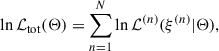 Mathematical equation: $$ \begin{aligned} \ln \mathcal{L} _\mathrm{tot} (\Theta ) = \sum _{n = 1}^{N} \ln \mathcal{L} ^{(n)}(\xi ^{(n)}|\Theta ), \end{aligned} $$