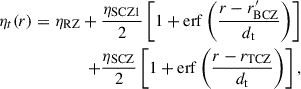 $$ \begin{aligned} \eta _{t}(r) = \eta _{\rm RZ} + \frac{\eta _{\rm SCZ1}}{2}\left[1 + \mathrm{erf} \left(\frac{r - r^{\prime }_{\rm BCZ}}{d_{\rm t}}\right) \right] \nonumber \\ + \frac{\eta _{\rm SCZ}}{2}\left[ 1 + \mathrm{erf} \left(\frac{r-r_{\rm TCZ}}{d_{\rm t}} \right) \right], \end{aligned} $$