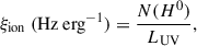 $$ \begin{aligned} \xi _{\mathrm{ion}} \ (\mathrm{Hz} \ \mathrm{erg}^{-1}) = \frac{N(H^0)}{L_{\mathrm{UV}}}, \end{aligned} $$