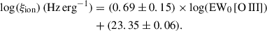$$ \begin{aligned} \log (\xi _{\mathrm{ion}})\,(\mathrm{Hz\,erg}^{-1})&= (0.69 \pm 0.15) \times \log (\mathrm{EW}_0\, \mathrm{[O\,III]})\nonumber \\&+ (23.35 \pm 0.06). \end{aligned} $$