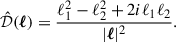 Mathematical equation: $$ \begin{aligned} \hat{\mathcal{D} }(\boldsymbol{\ell }) = \frac{\ell _1^2 - \ell _2^2 + 2 i \ell _1 \ell _2}{|\boldsymbol{\ell }|^2}. \end{aligned} $$