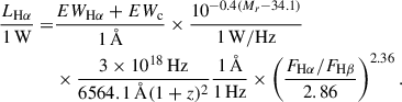 $$ \begin{aligned} \frac{L_{\rm H\alpha }}{1\,\mathrm{W}} =&\frac{EW_{\rm H\alpha } + EW_{\rm c}}{1\,\AA } \times \frac{10^{-0.4(M_{r} - 34.1)}}{1\,\mathrm{W/Hz}}\nonumber \\&\times \frac{3 \times 10^{18}\,\mathrm{Hz}}{6564.1\,{\AA } (1+z)^{2}} \frac{1\,{\AA }}{1\,\mathrm{Hz}} \times \left(\frac{F_{\rm H\alpha }/F_{\rm H\beta }}{2.86}\right)^{2.36}. \end{aligned} $$
