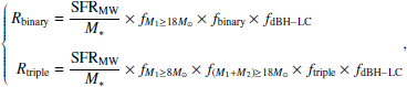 $$ \begin{aligned} \left\{ \begin{aligned} R_{\mathrm{binary}}&= \frac{\mathrm{SFR}_{\mathrm{MW}}}{M_*} \times f_{M_1 \ge 18 M_{\odot }} \times f_{\mathrm{binary}} \times f_{\mathrm{dBH-LC}} \\ R_{\mathrm{triple}}&= \frac{\mathrm{SFR}_{\mathrm{MW}}}{M_*} \times f_{M_1 \ge 8 M_{\odot }} \times f_{(M_1+M_2) \ge 18 M_{\odot }} \times f_{\mathrm{triple}} \times f_{\mathrm{dBH-LC}} \end{aligned}, \right. \end{aligned} $$