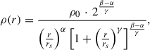 $$ \begin{aligned} \rho (r) = \frac{\rho _0 \, \cdot \, 2^\frac{\beta -\alpha }{\gamma }}{\left(\frac{r}{r_s}\right)^{\alpha } \left[1 + \left(\frac{r}{r_s}\right)^\gamma \right]^\frac{\beta -\alpha }{\gamma }}, \end{aligned} $$