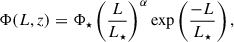 Mathematical equation: $$ \begin{aligned} \Phi (L,z) = \Phi _\star \left(\frac{L}{L_\star }\right)^\alpha \mathrm{exp}\left(\frac{-L}{L_\star }\right), \end{aligned} $$