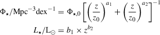 Mathematical equation: $$ \begin{aligned} \begin{split} \Phi _\star /\mathrm{Mpc}^{-3}\mathrm{dex}^{-1}&= \Phi _{\star ,0}\left[ \left( \frac{z}{z_0} \right)^{a_1} + \left( \frac{z}{z_0} \right)^{a_2} \right]^{-1} \\ L_\star /\mathrm{L_\odot }&= b_1 \times z^{b_2} \end{split} \end{aligned} $$