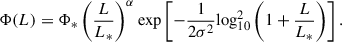 Mathematical equation: $$ \begin{aligned} \Phi (L) = \Phi _*\left(\frac{L}{L_*}\right)^{\alpha }\mathrm{exp}\left[-\frac{1}{2\sigma ^2}\mathrm{log}^2_{10}\left(1+\frac{L}{L_*}\right)\right]. \end{aligned} $$