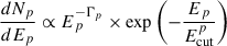 Mathematical equation: $ \frac{dN_p}{dE_p}\propto E_{p}^{-\Gamma_p}\times \exp{\left(-\frac{E_p}{E_{\mathrm{cut}}^{p}}\right)} $
