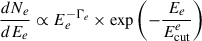 Mathematical equation: $ \frac{dN_e}{dE_e}\propto E_{e}^{-\Gamma_e}\times\exp{\left(-\frac{E_e}{E_{\mathrm{cut}}^{e}}\right)} $