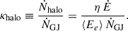 $$ \begin{aligned} \kappa _{\rm {halo}} \equiv \frac{\dot{N}_{\rm {halo}}}{\dot{N}_{\rm {GJ}}} = \frac{\eta \,\dot{E}}{\langle E_e\rangle \,\dot{N}_{\rm {GJ}}}. \end{aligned} $$