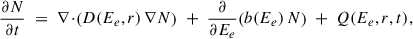 $$ \begin{aligned} \frac{\partial N}{\partial t} \;=\; \nabla \!\cdot \!\left(D(E_e, r)\,\nabla N\right)\;+\;\frac{\partial }{\partial E_e}\!\left(b(E_e)\,N\right)\;+\;Q(E_e, r,t), \end{aligned} $$