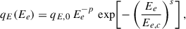 $$ \begin{aligned} q_E(E_e) = q_{E,0}\,E_e^{-p}\,\exp \!\left[-\left(\frac{E_e}{E_{e, c}}\right)^{s}\right], \end{aligned} $$