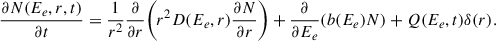 $$ \begin{aligned} \frac{\partial N (E_e, r, t)}{\partial t} = \frac{1}{r^2}\frac{\partial }{\partial r} \!\left(r^2 D(E_e,r)\frac{\partial N}{\partial r}\right) + \frac{\partial }{\partial E_e}\!\left(b(E_e)N\right) + Q(E_e,t)\delta (r). \end{aligned} $$