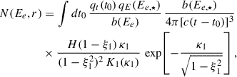 $$ \begin{aligned} N(E_e,r)&= \int dt_0 \,\frac{q_t(t_0)\,q_E(E_{e,\star })}{b(E_e)} \, \frac{b(E_{e, \star })}{4\pi [c(t-t_0)]^3} \nonumber \\&\times \frac{H(1-\xi _1)\,\kappa _1}{(1-\xi _1^2)^2\,K_1(\kappa _1)}\, \exp \!\left[-\frac{\kappa _1}{\sqrt{1-\xi _1^2}}\right], \end{aligned} $$