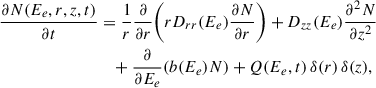 $$ \begin{aligned} \begin{split} \frac{\partial N (E_e, r, z, t)}{\partial t}&= \frac{1}{r}\frac{\partial }{\partial r}\!\left(r D_{rr}(E_e)\frac{\partial N}{\partial r}\right) + D_{zz}(E_e)\frac{\partial ^2 N}{\partial z^2} \\&\quad + \frac{\partial }{\partial E_e}\!\left(b(E_e)N\right) + Q(E_e, t)\,\delta (r)\,\delta (z),&\end{split} \end{aligned} $$