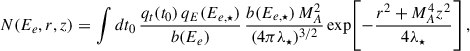 $$ \begin{aligned} N(E_e,r,z) = \int dt_0 \,\frac{q_t(t_0)\,q_E(E_{e, \star })}{b(E_e)} \, \frac{b(E_{e, \star })\,M_A^2}{(4\pi \lambda _\star )^{3/2}} \exp \!\left[-\frac{r^2+M_A^4 z^2}{4\lambda _\star }\right], \end{aligned} $$