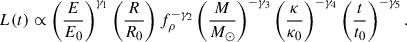 Mathematical equation: $$ \begin{aligned} L(t) \propto \left(\frac{E}{E_0}\right)^{\gamma _1} \left(\frac{R}{R_0}\right) f_{\rho }^{-\gamma _2} \left( \frac{M}{M_{\odot }} \right)^{-\gamma _3} \left(\frac{\kappa }{\kappa _0}\right)^{-\gamma _4} \left(\frac{t}{t_0}\right)^{-\gamma _5} . \end{aligned} $$
